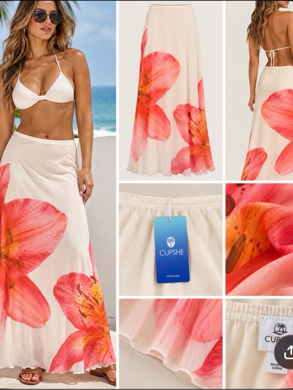 Cupshe Cream Maxi Swim Sarong with Coral Pink Floral Print